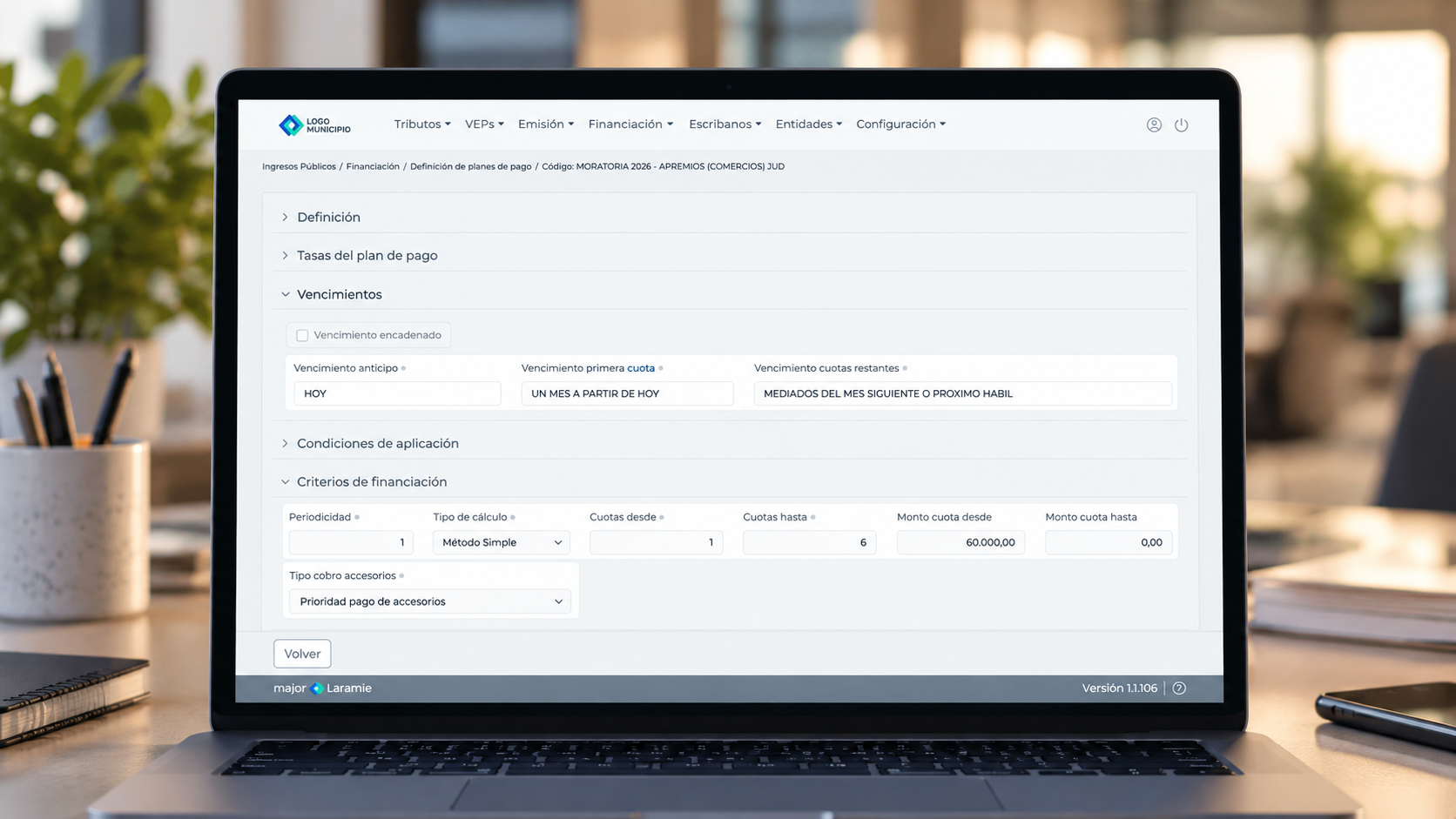 Aplicación Major Laramie: configuración de planes de pago en notebook